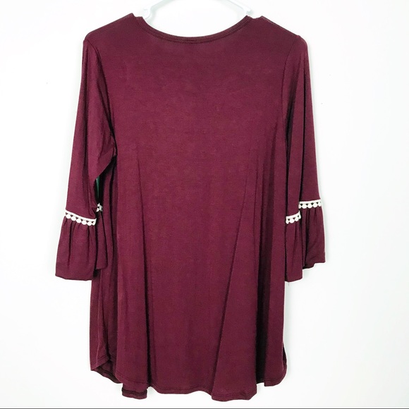 Lovely Souls Wine Red Bell Sleeve Tunic Top Contrast Boho Crochet Trim Small - Picture 5 of 8